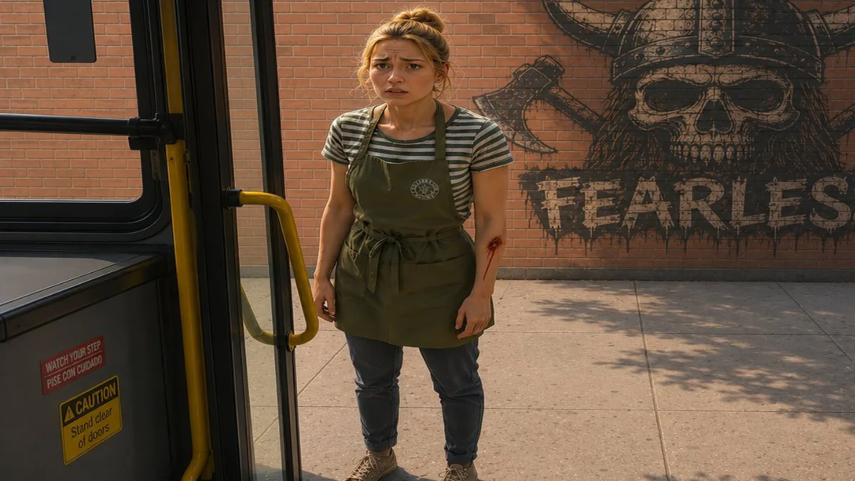 Image 33: A woman stands at a bus door