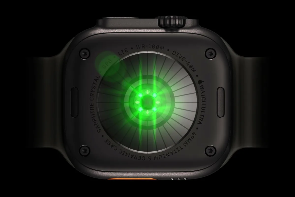 Image 7: A view of the back of the Apple Watch Ultra 4 showing the new green LED sensors.