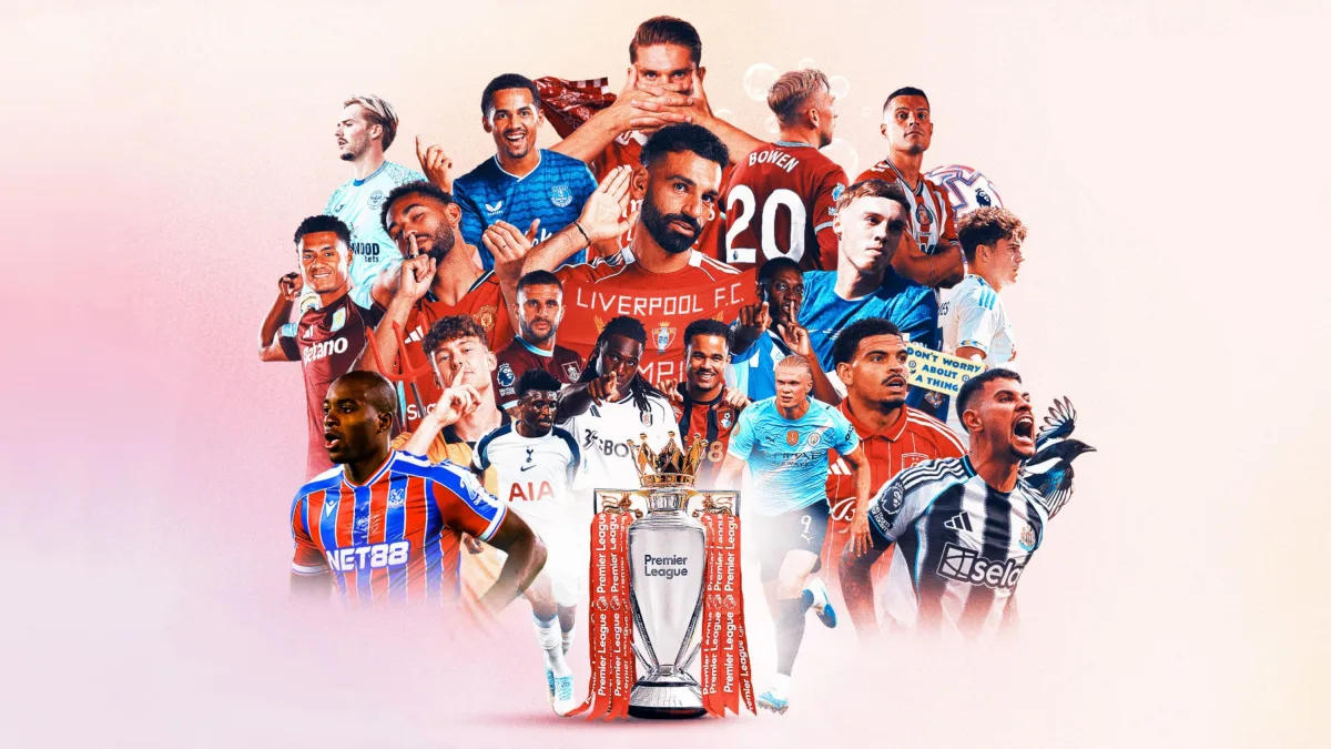 Image 2: A graphic of Premier League players from every team in the division in 2025-26 season, with the Premier League trophy in front of them.
