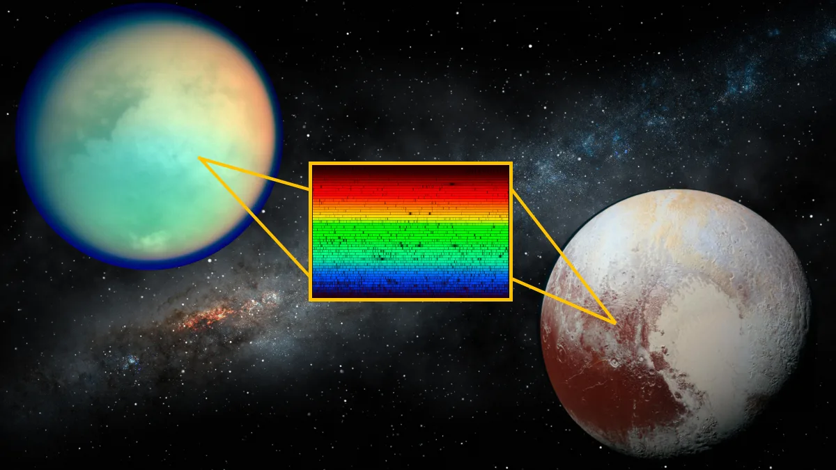 Image 37: Photos of Titan and Pluto on a starry background with a rainbow-colored spectrograph overlay