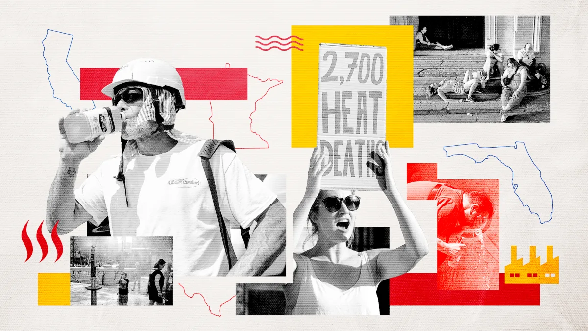Image 38: A collage of people dealing with extreme heat over a white background