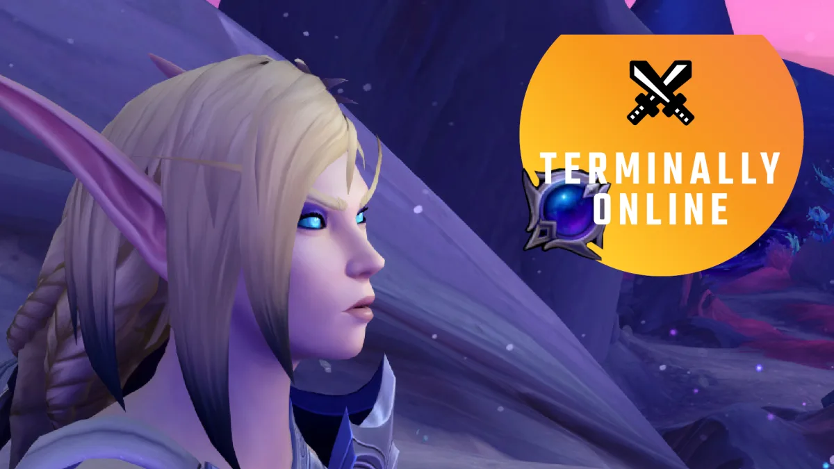 Image 30: Alleria Windrunner looks, unimpressed, at a little orb stuck to the PC Gamer's Terminally Online logo.
