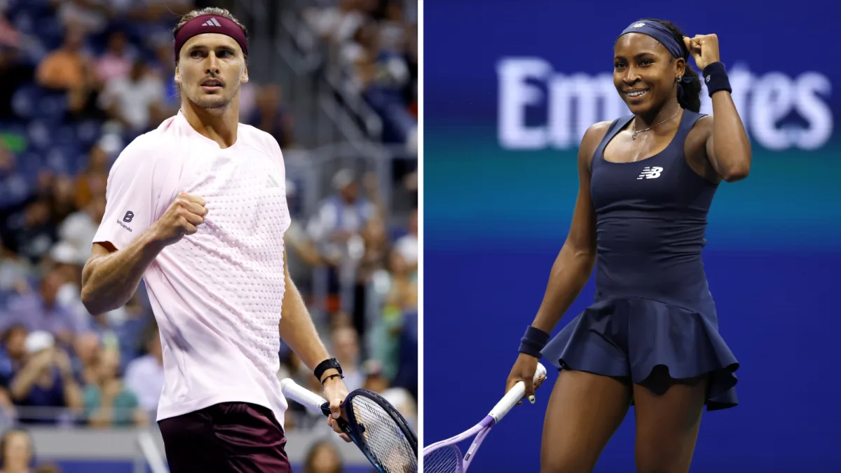 Image 4: Split screen image of Alexander Zverev and Coco Gauff holding tennis racquets and clenching fist in celebration at the US Open