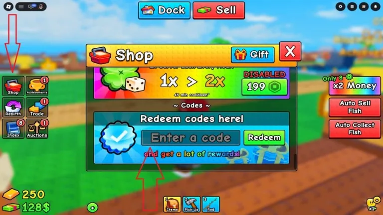Codes redemption menu displayed in Roblox Roll a Fisherman. FISH X SPEEDI/Dexerto