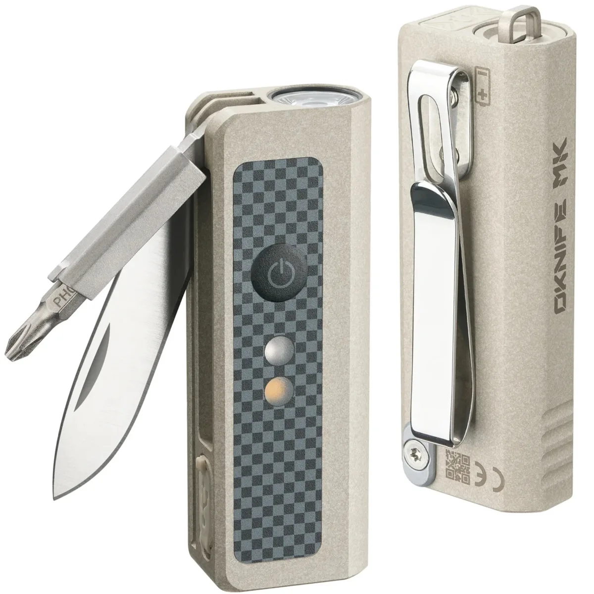 The front of the Oknife MK has a flood light and red light, while the back has a clip that can be used on a pocket or hat brim