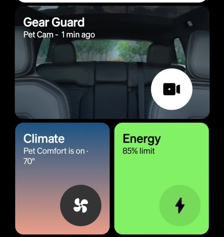 Rivian app dashboard showing the Gear Guard Pet Cam tile and a Pet Comfort climate tile Pet Cam sits in the Gear Guard tile of the Rivian app. Source: Rivian