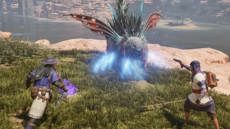 Adventurers fighting a monster with magic and a pistol