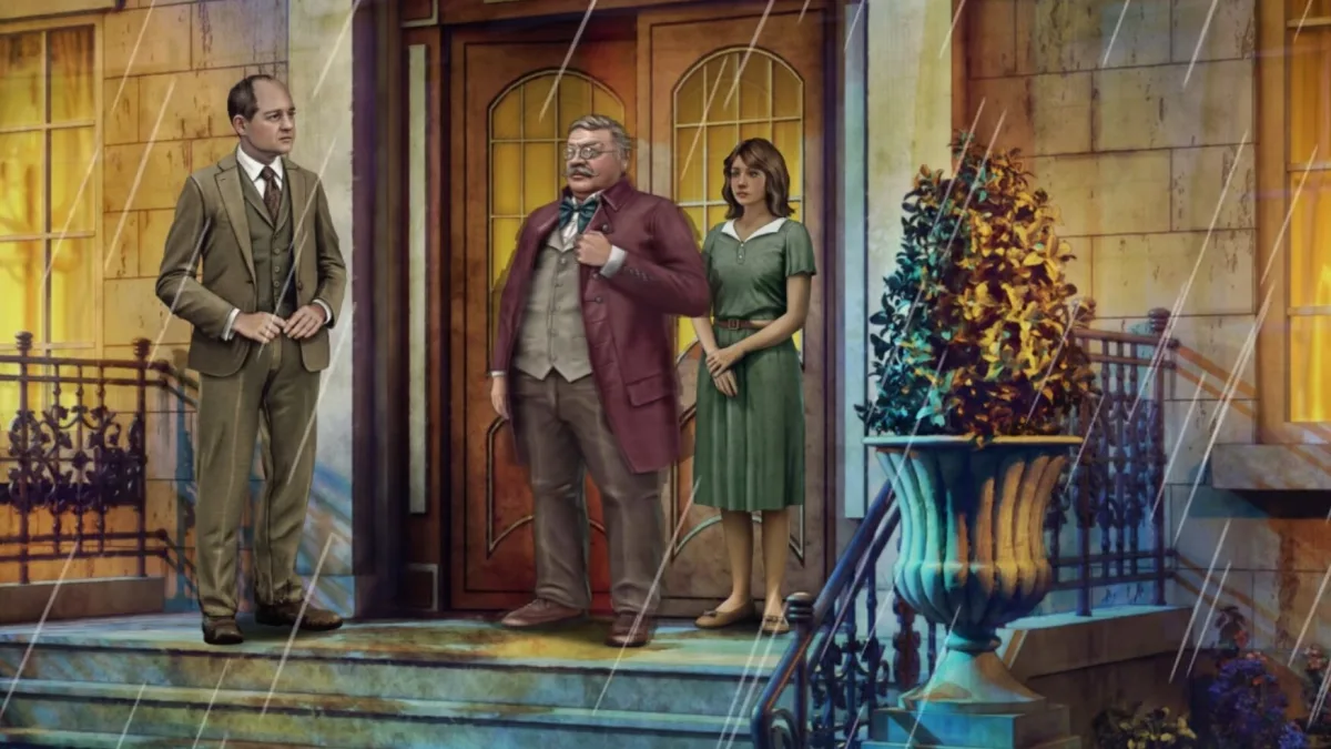 Image 29: Three characters on a front stoop in The Incident at Galley House