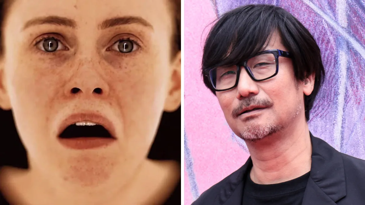 Image 28: A still from OD's trailer alongside a portrait of Hideo Kojima