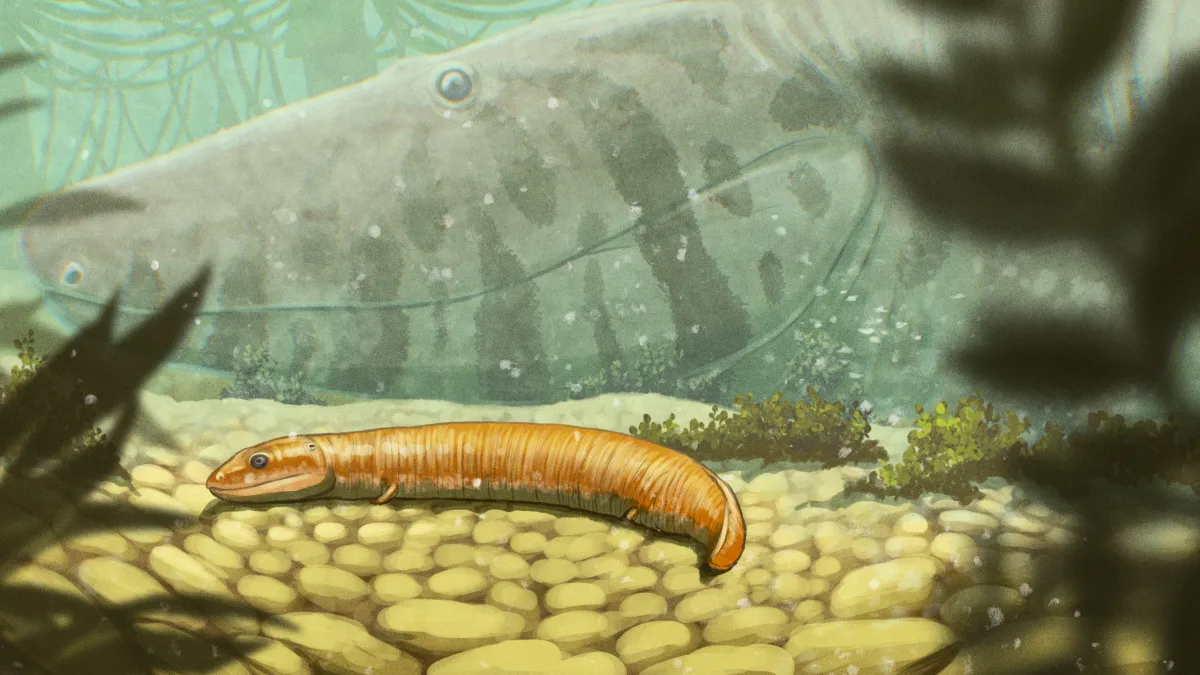 Image 38: An illustration of a young embolomere with an adult in the background.