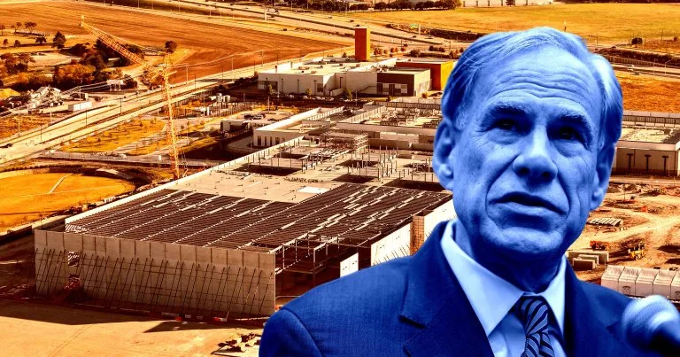 Image 8: A photo illustration of Texas governor Greg Abbott in front of a shot of a data center construction.