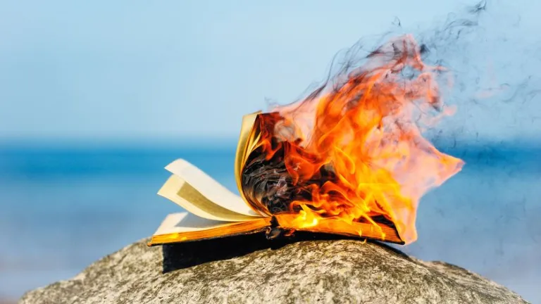 A book burning on a rock by the coast.