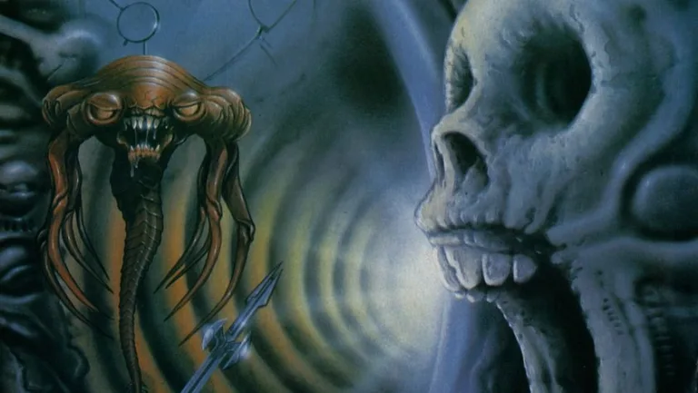 Relics game cover art of an alien and a skull with its mouth open