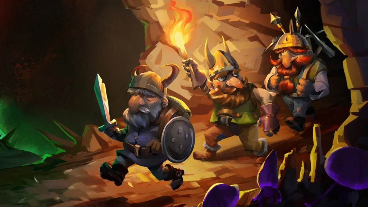 Image 29: A trio of dwarves descend into the depths in the Dwarf Fortress key art.