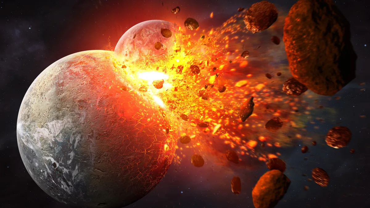Image 43: An illustration showing the protoplanet Theia smashing into Earth and releasing a large cloud of molten debris