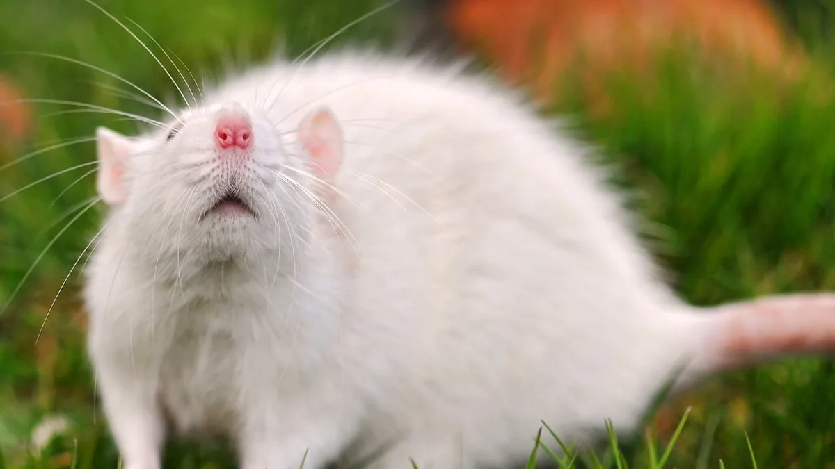 white rat on grass sniffing with nose elevated Nasal airflow regulates anxiety-like behavior in rodents. (Tambako the Jaguar/Flickr/CC BY-ND 2.0)