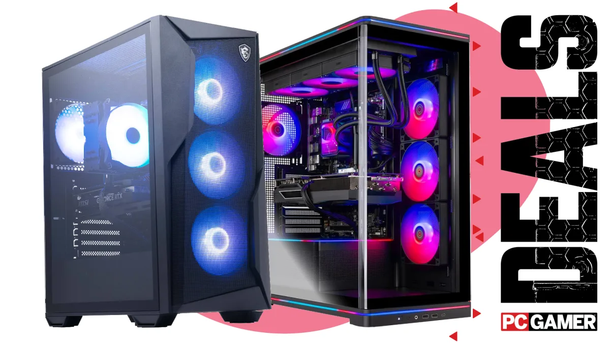Image 30: An MSI and Skytech gaming PC on a custom PC Gamer Deals background.