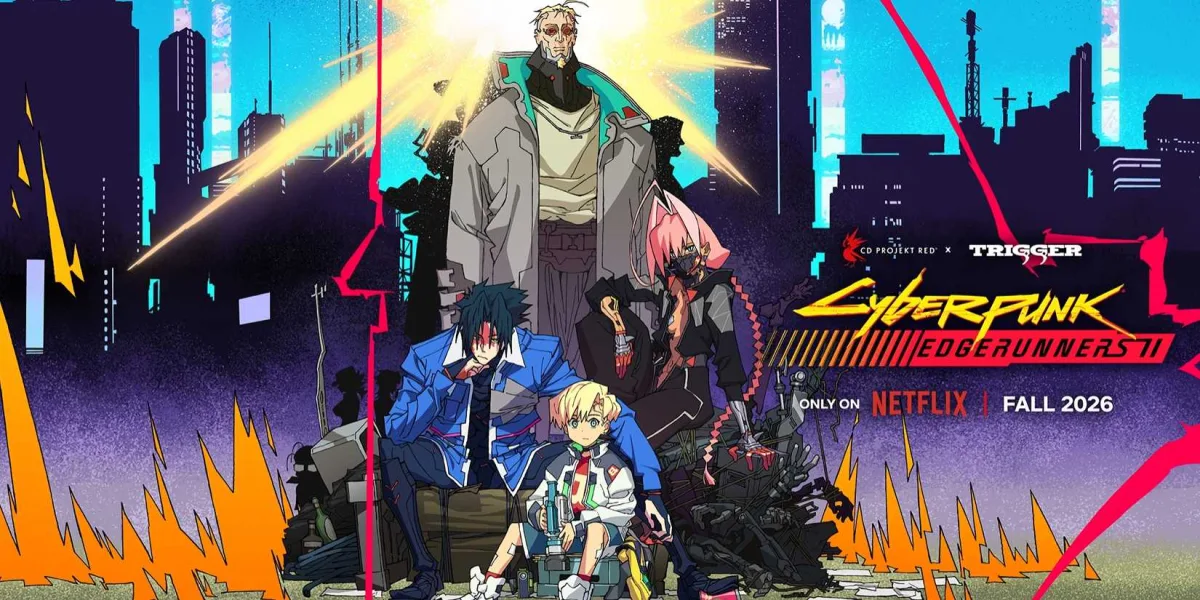 The cast of Edgerunners 2 sitting together as seen in the poster for the series.
