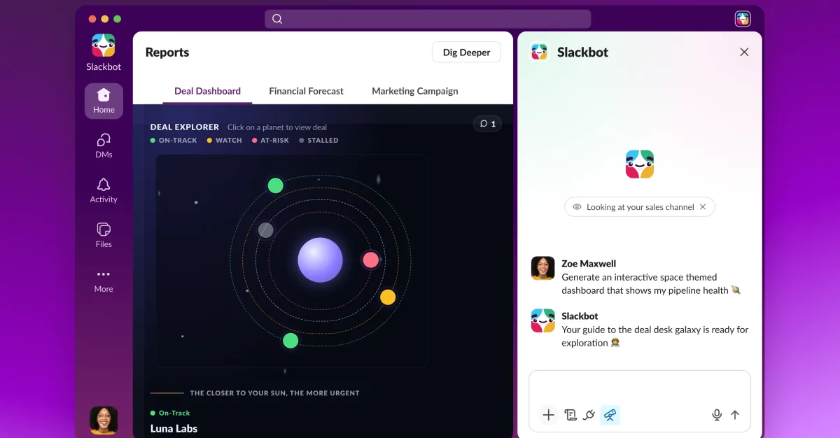Slackbot ar mākslīgo intelektu čatos veidos interaktīvus pārskatus un informācijas paneļus