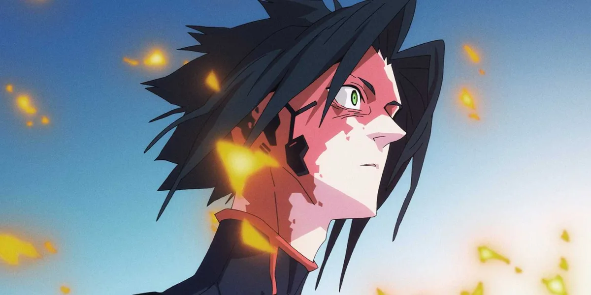 D as seen in the trailer for Edgerunners 2, surrounded by flames and looking shocked.