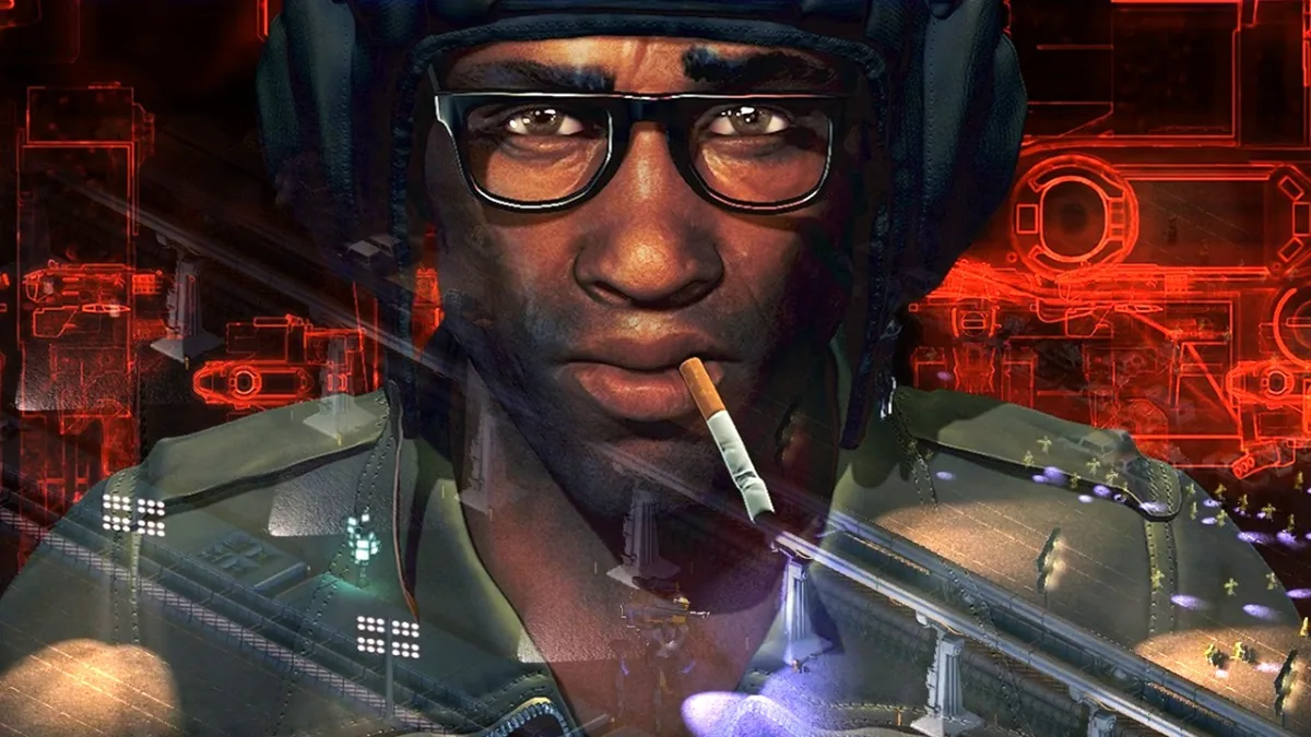 Image 31: Brigador Pilot smoking cigarette wearing glasses overlaid over Brigador gameplay.