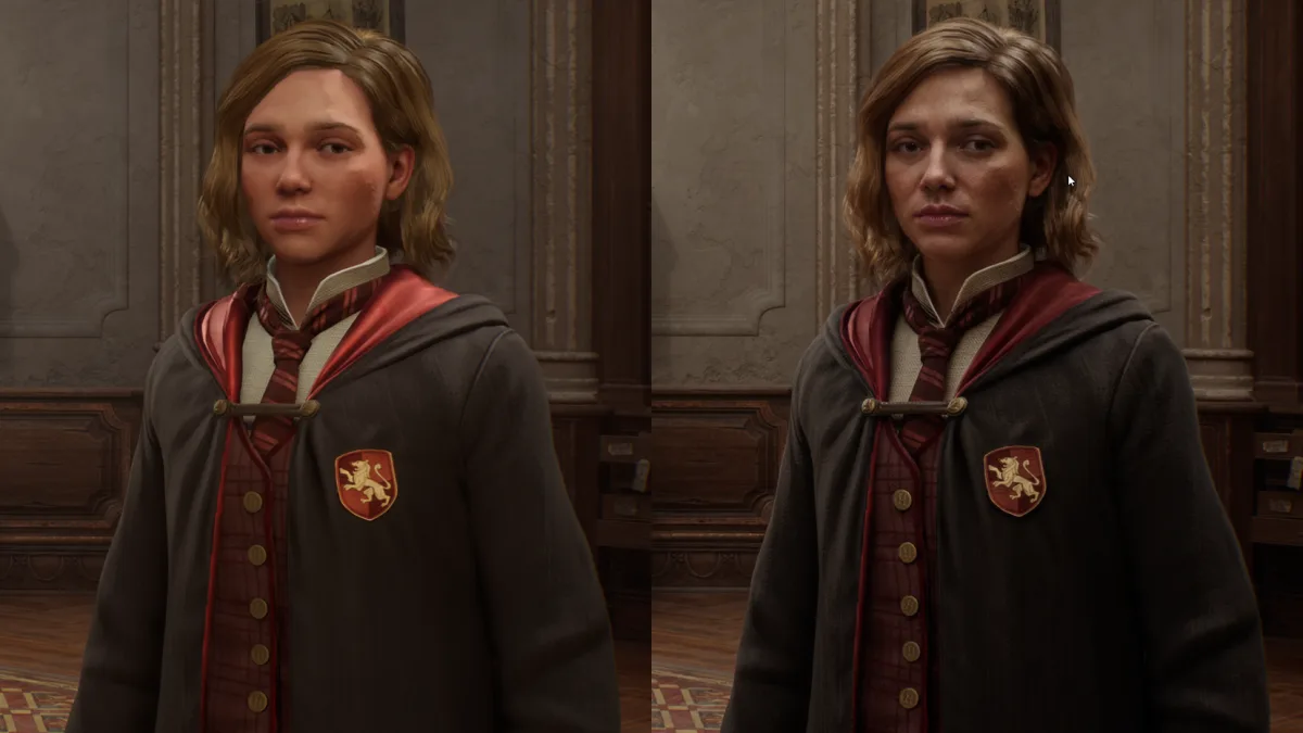 Image 31: An example of DLSS 5 used in Hogwarts Legacy, showing two versions of the same character.