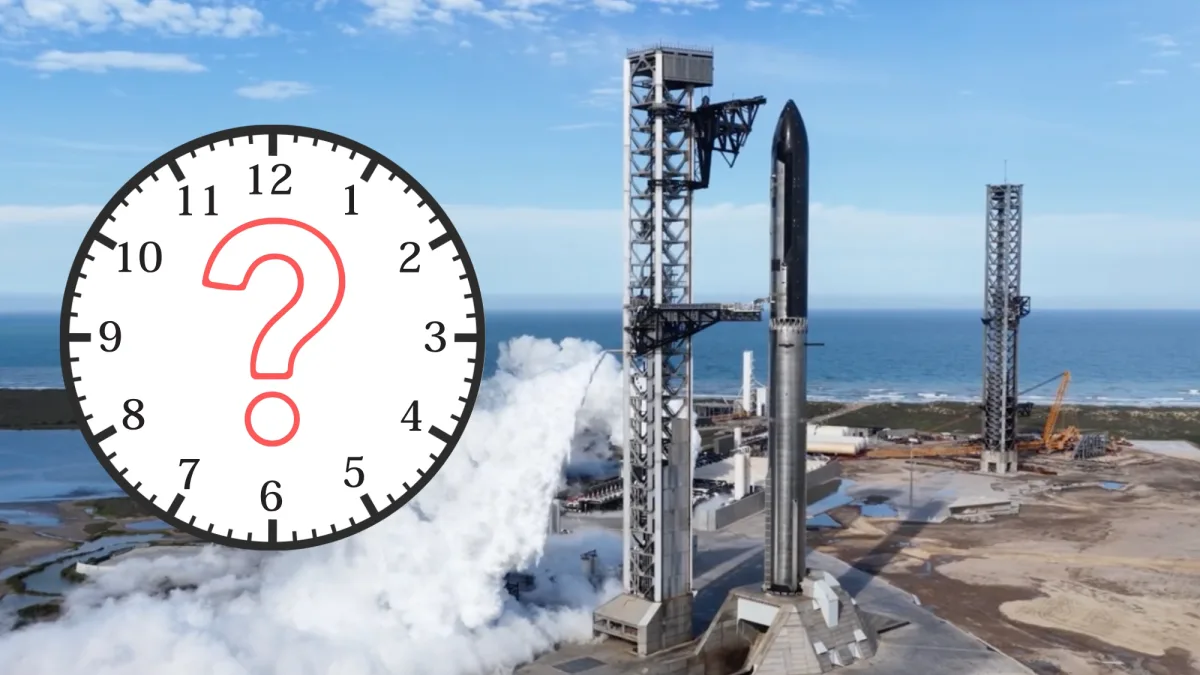 Image 23: a huge rocket on the launch pad on the right and a graphic showing a clock with a question mark on the left