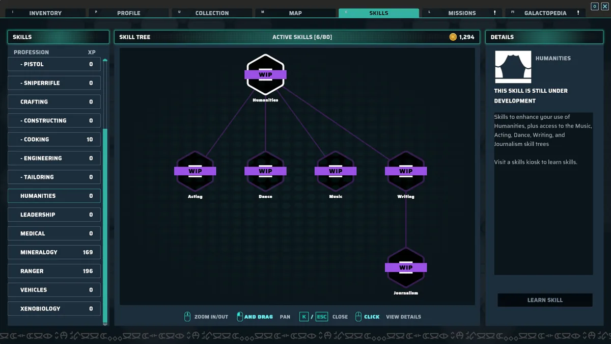 Several screenshots from Stars Reach, including a skill tree with a lot of WIP signs.
