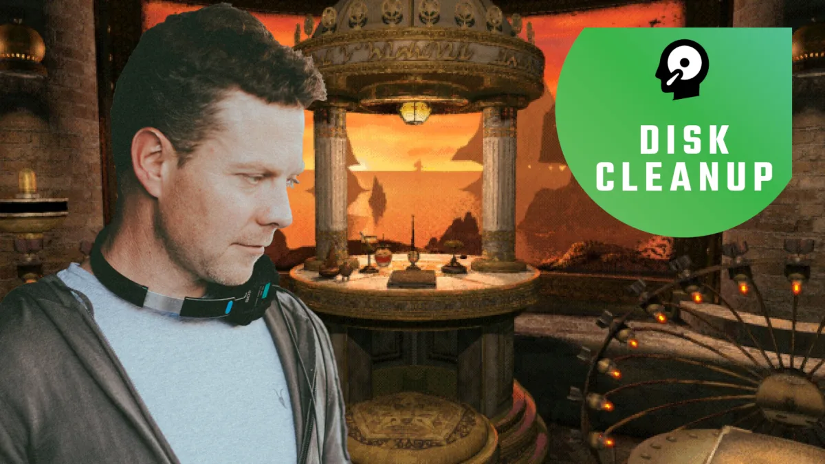 Image 30: Sam Barlow in front of a Riven backdrop