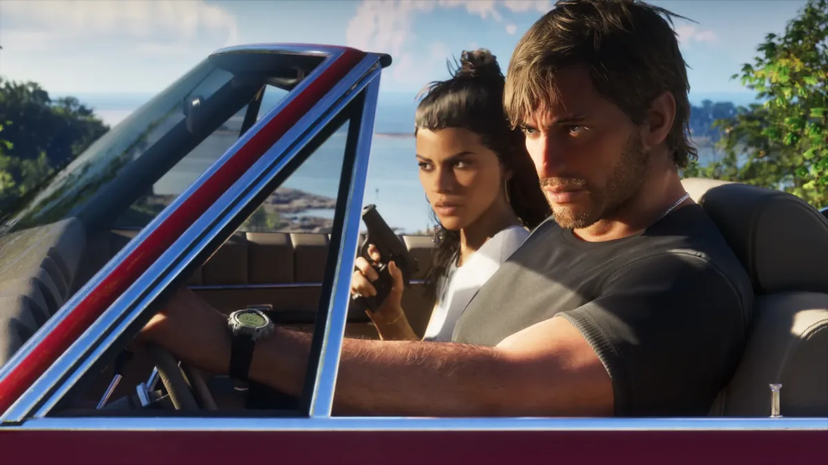Image 30: GTA 6 screenshot showing protagonists Lucia and Jason in a convertible.