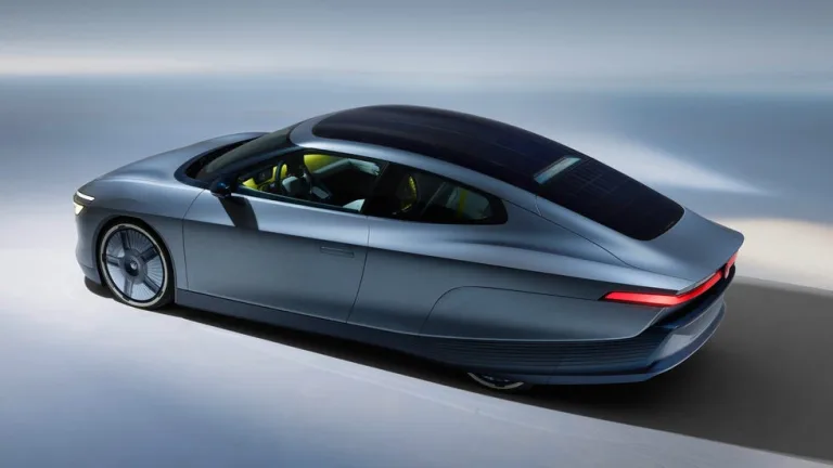 Sleek futuristic electric car with a solar panel roof in a minimalist setting. Sleek futuristic electric car with a solar panel roof in a minimalist setting.